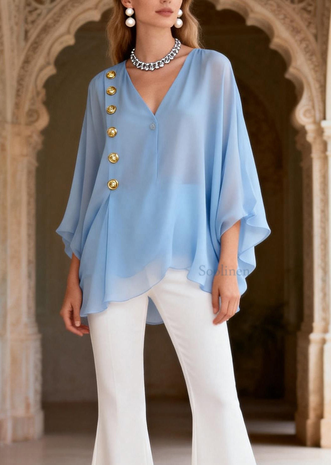 Style Blue V Neck Top and White Pants Silk Sets 2 Pieces Summer