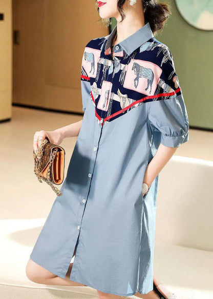 Style Blue Button Peter Pan Collar Print Patchwork Shirt Dresses Half Sleeve