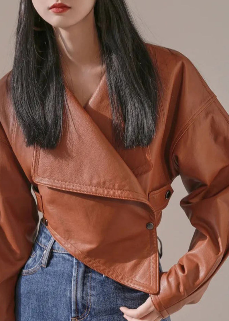 Style Brown Asymmetrical Patchwork Faux Leather Short Coat Spring