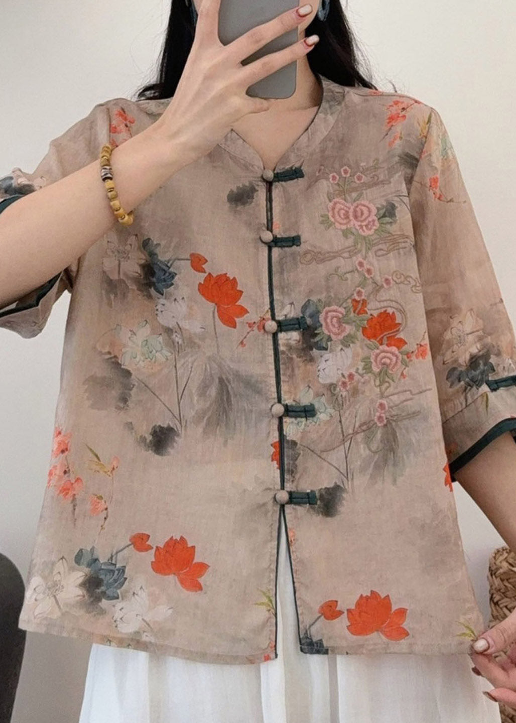 Style Champagne O-neck Print Button Linen Shirt Half Sleeve