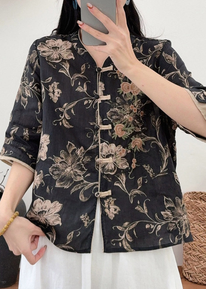 Style Champagne O-neck Print Button Linen Shirt Half Sleeve