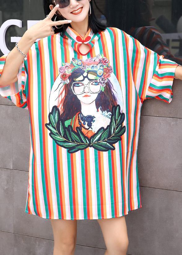 Style Chinese Button Cotton Wardrobes Ideas Striped Prints Dress Summer