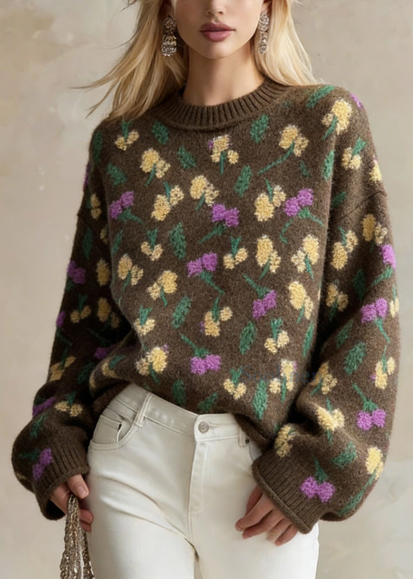 Style Chocolate O-neck Oversized Thick Jacquard Knit Sweaters Winter