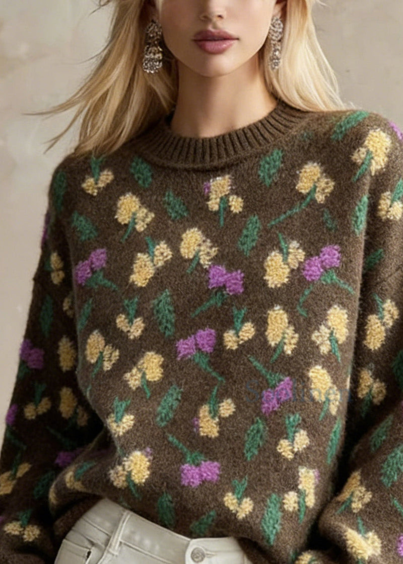 Style Chocolate O-neck Oversized Thick Jacquard Knit Sweaters Winter