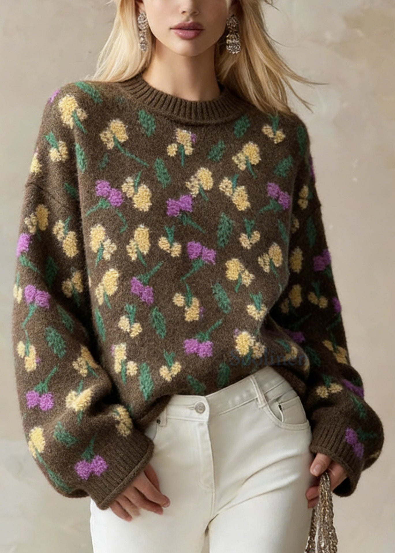 Style Chocolate O-neck Oversized Thick Jacquard Knit Sweaters Winter