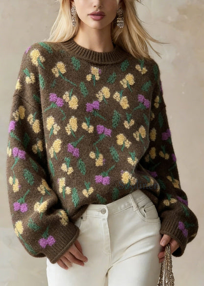Style Chocolate O-neck Oversized Thick Jacquard Knit Sweaters Winter