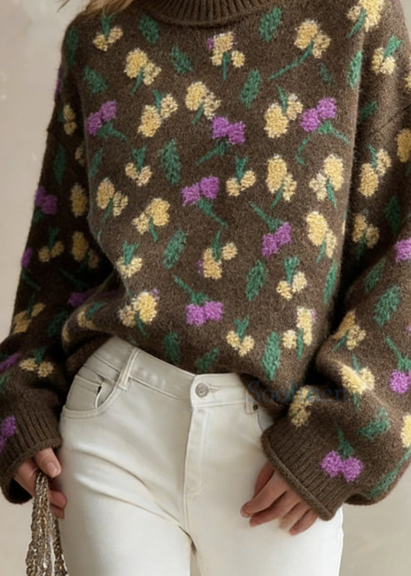 Style Chocolate O-neck Oversized Thick Jacquard Knit Sweaters Winter
