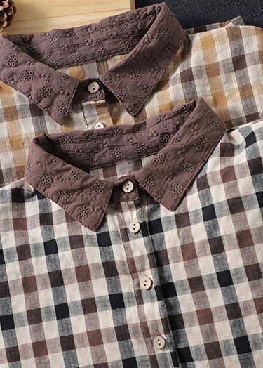 Style Chocolate Plaid Shirts Women Lapel Patchwork Vestidos De Lino Spring Shirts