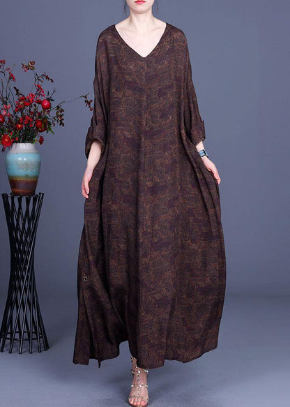 Style Chocolate Print V Neck Side Open Chiffon Dresses Summer