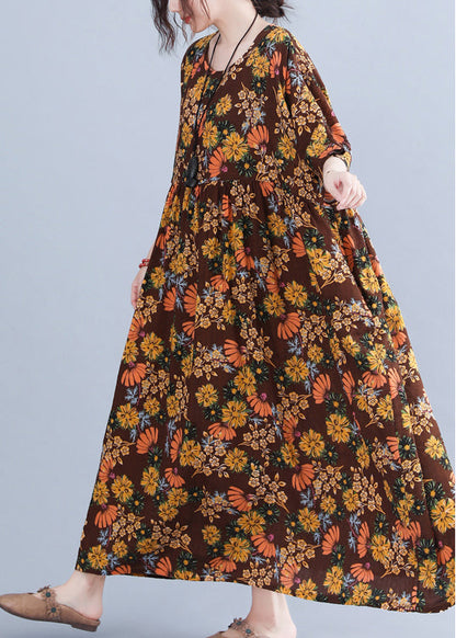 Style Chocolate O-neck Cinched Print Holiday Dress Half Sleeve