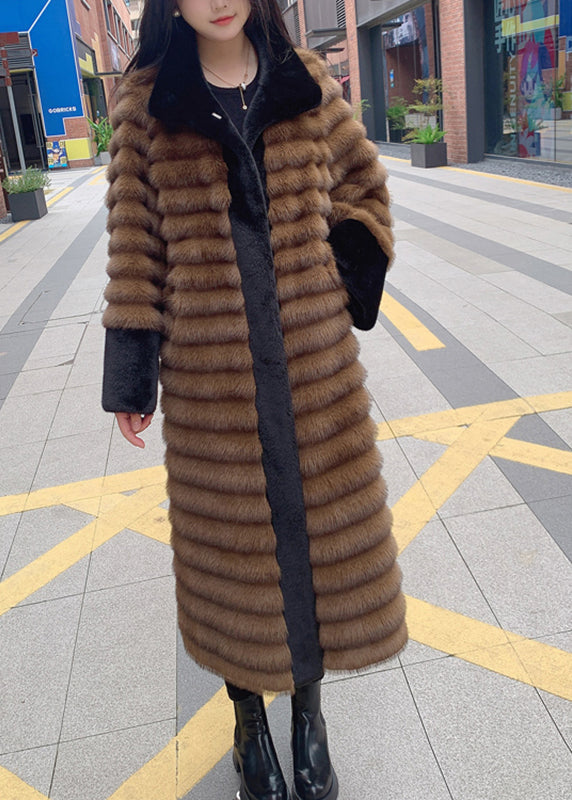 Style Coffee Peter Pan Collar Patchwork Leather and Fur Long Coats Spring