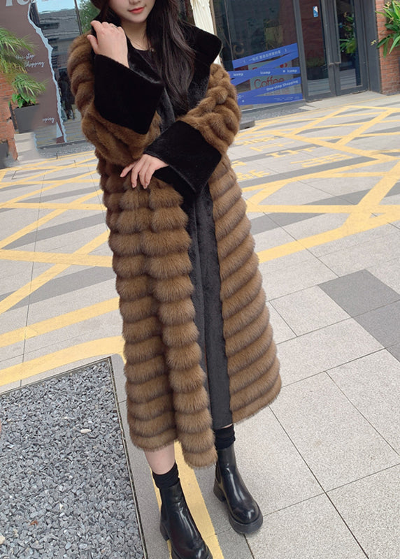 Style Coffee Peter Pan Collar Patchwork Leather and Fur Long Coats Spring