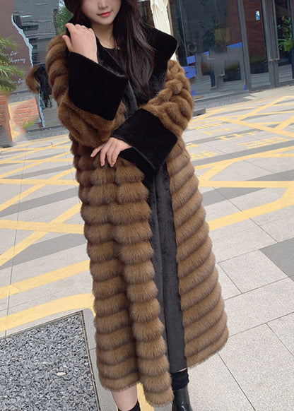 Style Coffee Peter Pan Collar Patchwork Leather and Fur Long Coats Spring