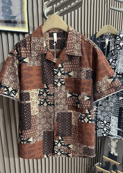 Style Coffee Peter Pan Collar Print Pockets Cotton Shirts Summer
