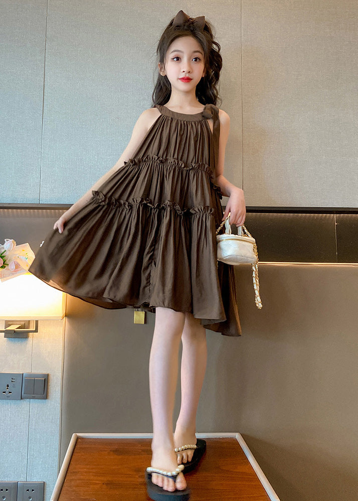 Style Coffee Ruffled Patchwork Slip Mid Dresses Summer