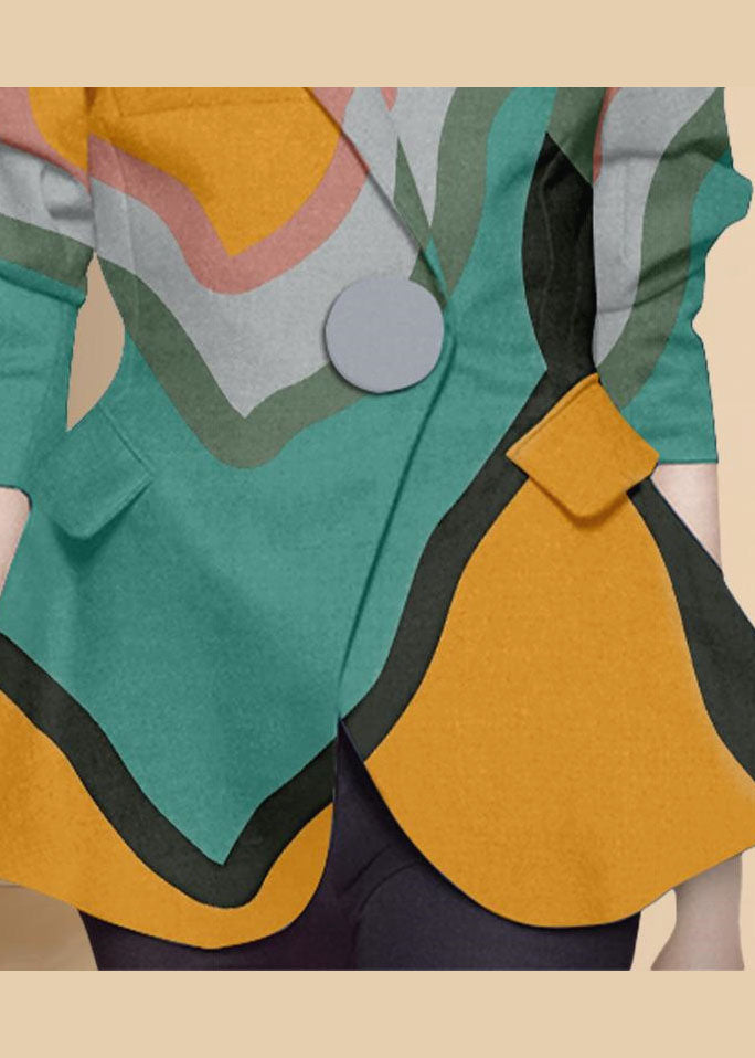 Style Colorblock Button Peter Pan Collar Print Western-style Clothes Coat Long Sleeve