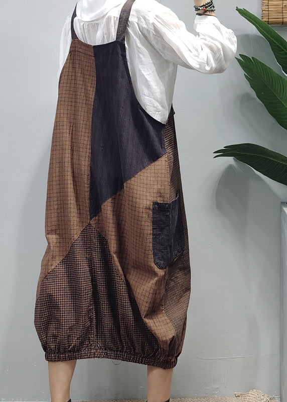 Style Colorblock Pockets Patchwork Plaid Cotton Strap Dress Summer