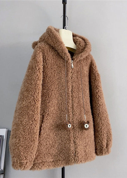 Style Coffee Zippered Wool Hoodie Coat Winter