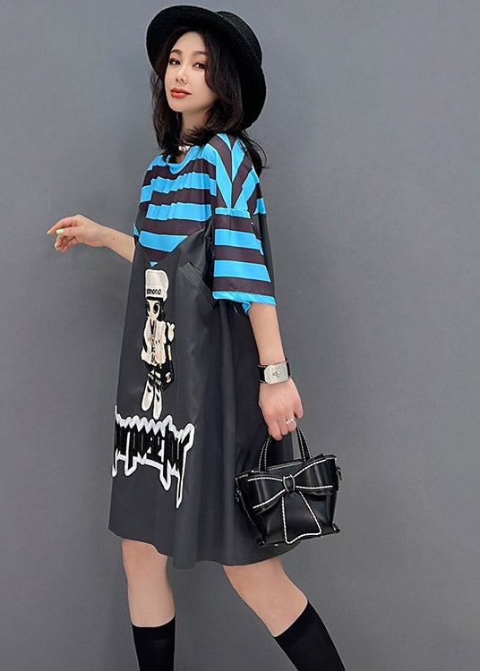 Style Dark Grey O-neck Cartoon Print Striped Patchwork Dresses Short Sleeve