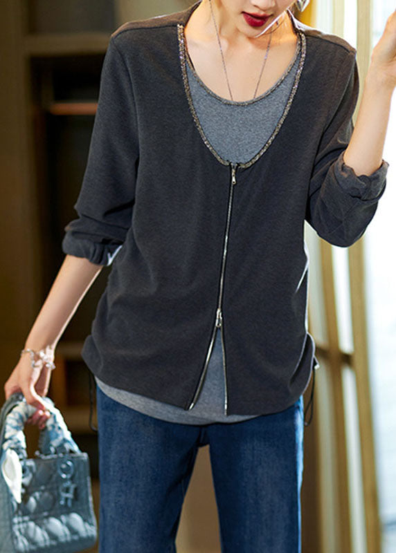Style Dark Grey O-neck Drawstring Nail Bead Fake Two Pieces Top Long Sleeve