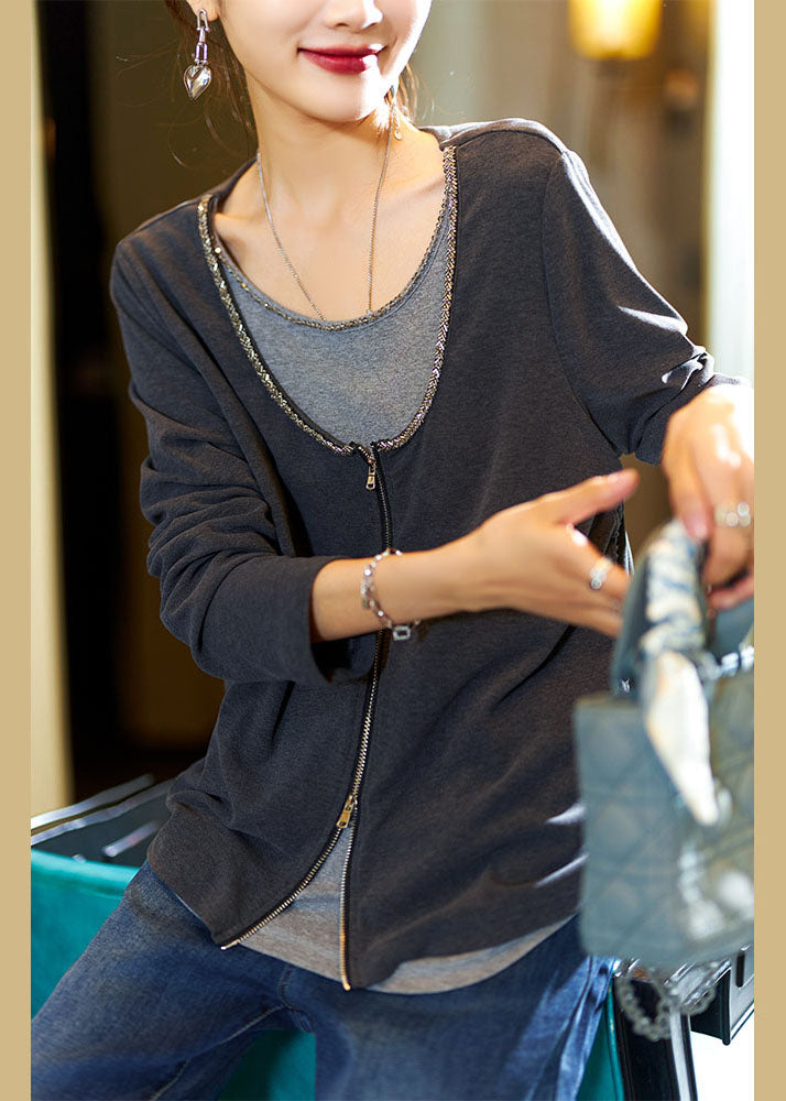 Style Dark Grey O-neck Drawstring Nail Bead Fake Two Pieces Top Long Sleeve