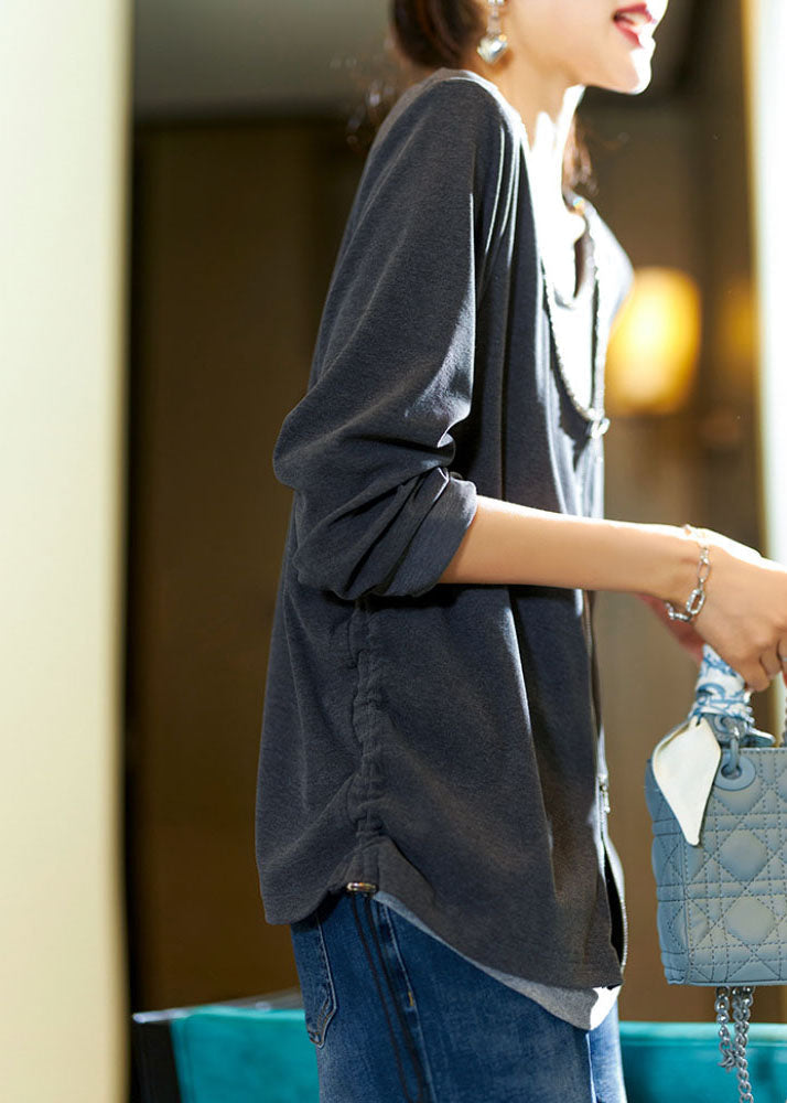 Style Dark Grey O-neck Drawstring Nail Bead Fake Two Pieces Top Long Sleeve
