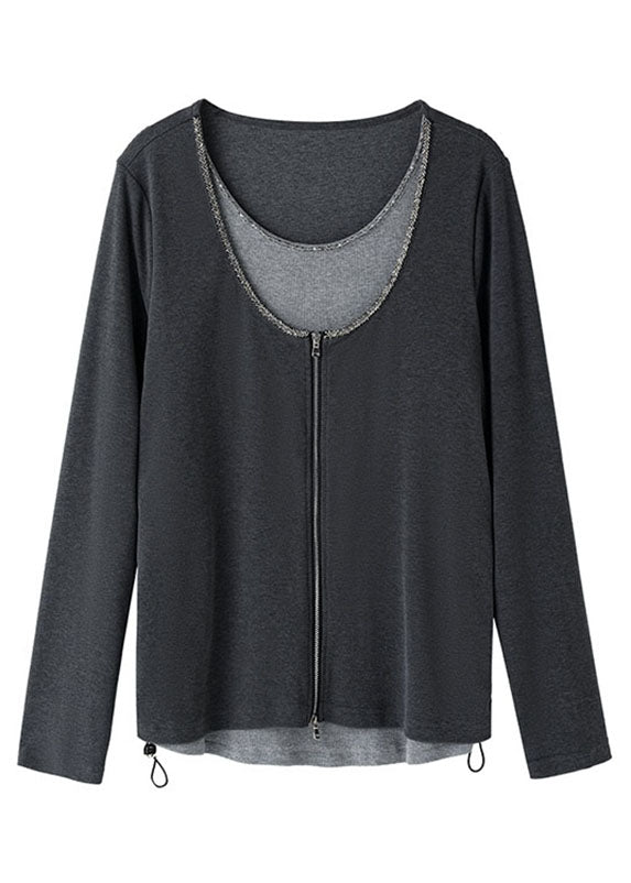 Style Dark Grey O-neck Drawstring Nail Bead Fake Two Pieces Top Long Sleeve