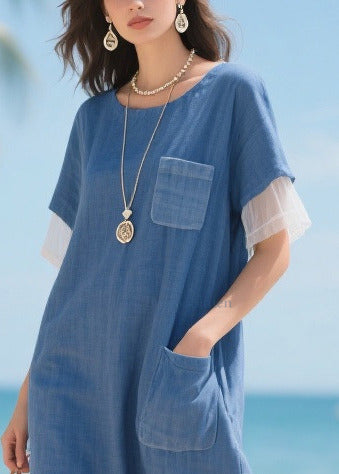 Style Denim Blue Oversized Patchwork Tulle Straight Dress Summer
