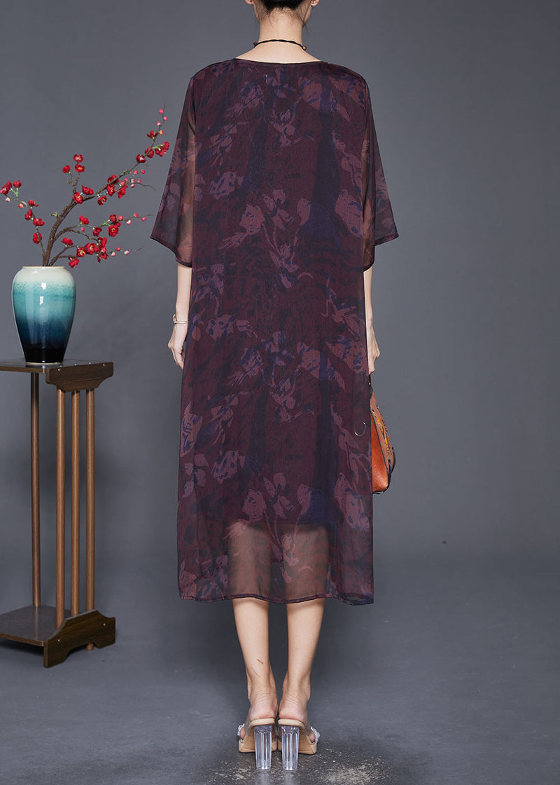 Style Dull Red Oversized Print Silk Dress Fall