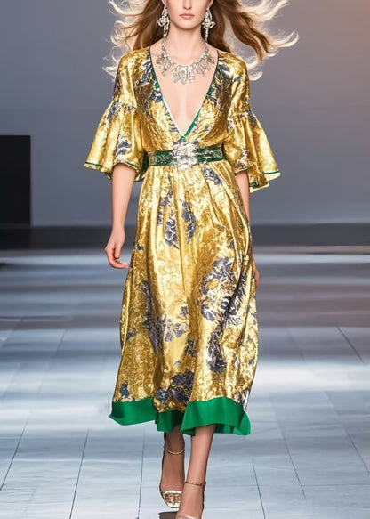 Style Golden V Neck Print Silk Holiday Dress Flare Sleeve