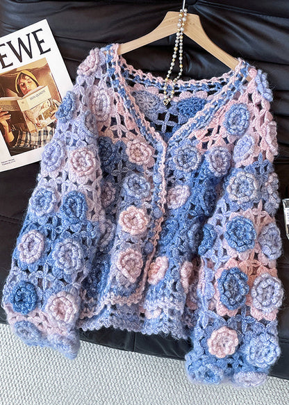 Style Gradient Color Hollow Out Decorated Knit Cardigans Fall