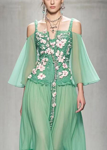 Style Green Cold Shoulder Three-dimensional Chiffon Dress Summer