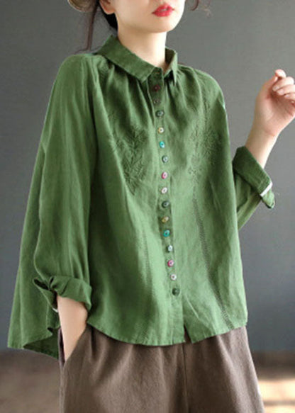 Style Green Embroideried Patchwork Linen Shirts Spring