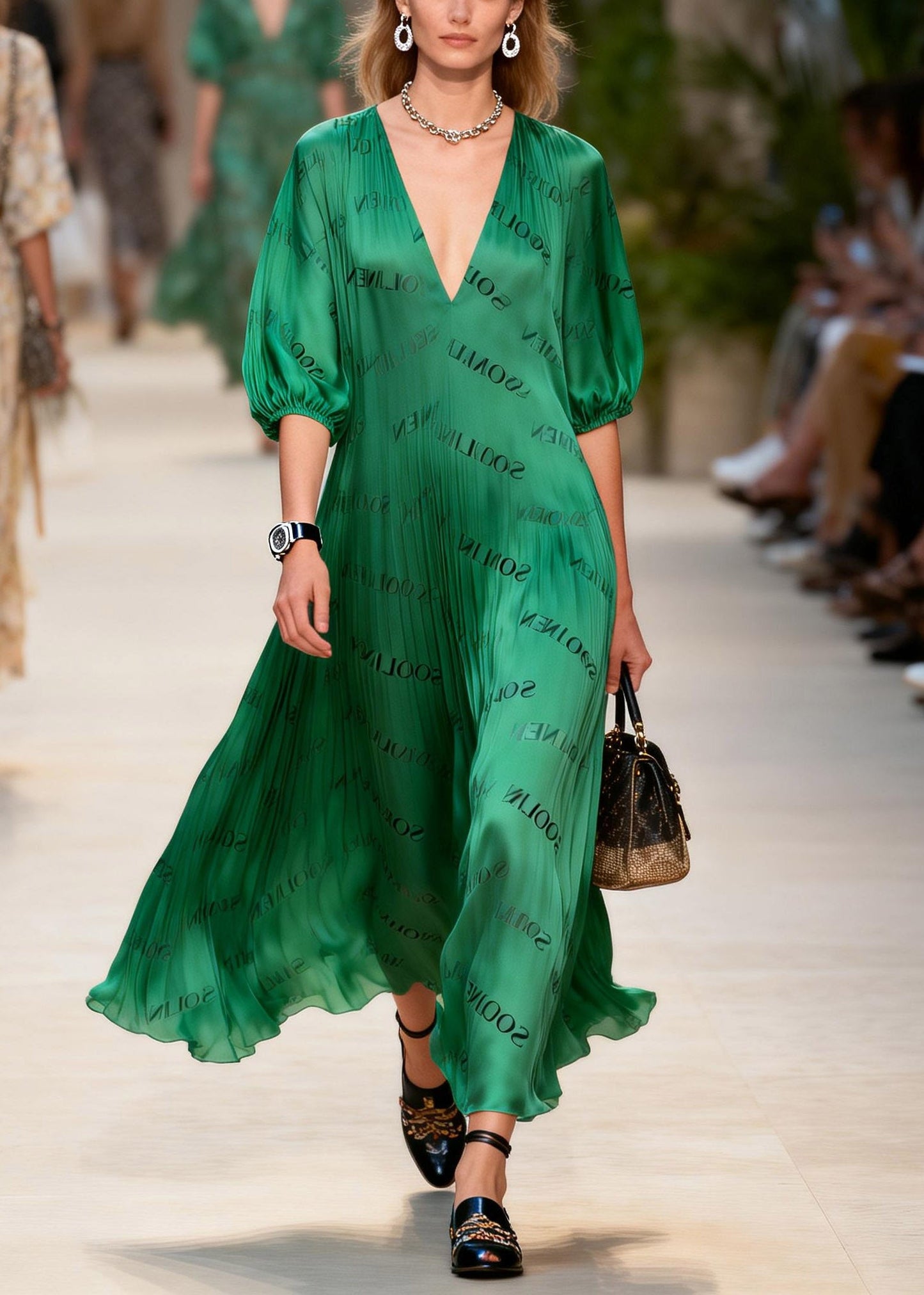 Style Green Graphic Maxi Dress Lanter Sleeve