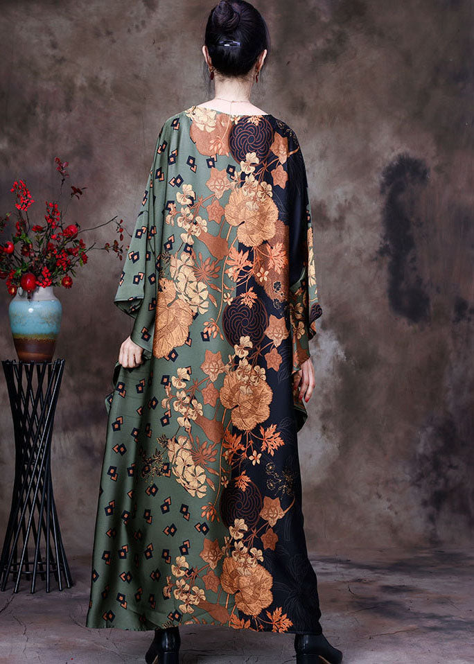 Style Green O-neck Oversized Print Silk Vacation Dresses Batwing Sleeve