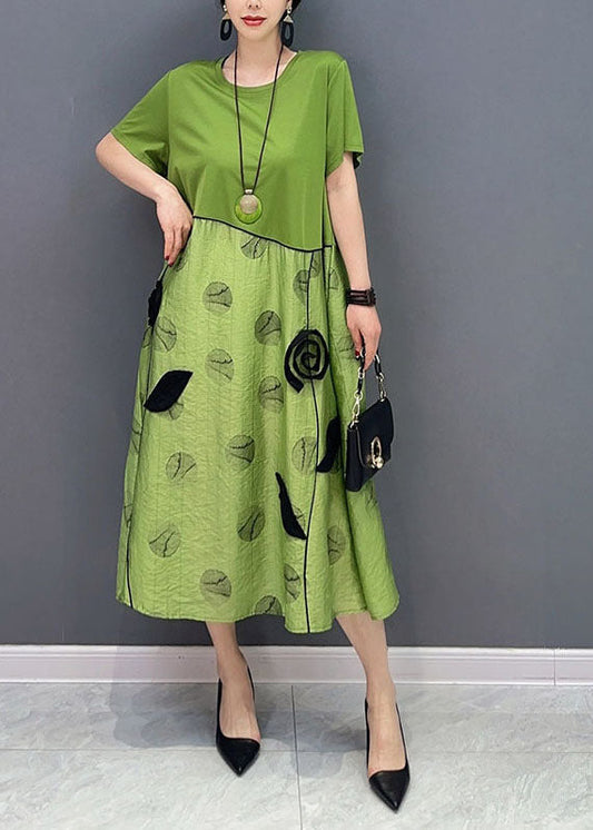 Style Green O-neck Patchwork Cotton Long Dress Summer