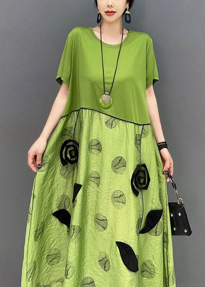 Style Green O-neck Patchwork Cotton Long Dress Summer