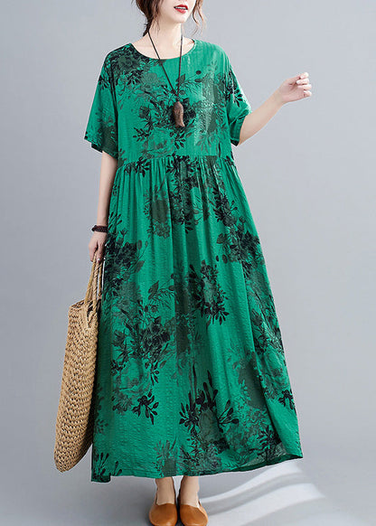 Style Green O-neck Patchwork Maxi Dress Short Sleeve