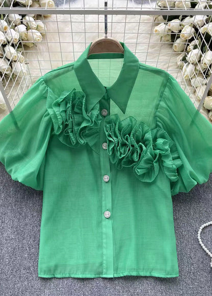 Style Green Peter Pan Collar Patchwork Cotton Shirts Puff Sleeve
