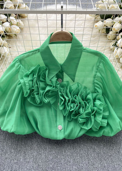 Style Green Peter Pan Collar Patchwork Cotton Shirts Puff Sleeve