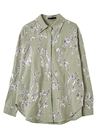 Style Green Sequins Button Cotton Top Lantern Sleeve
