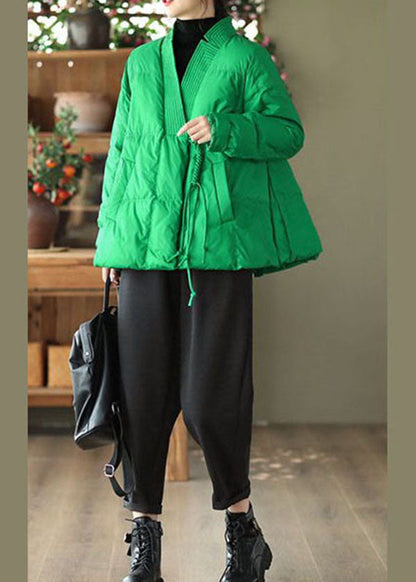 Style Green V Neck Oversized Oriental Button Cotton Material Puffer Coat Winter