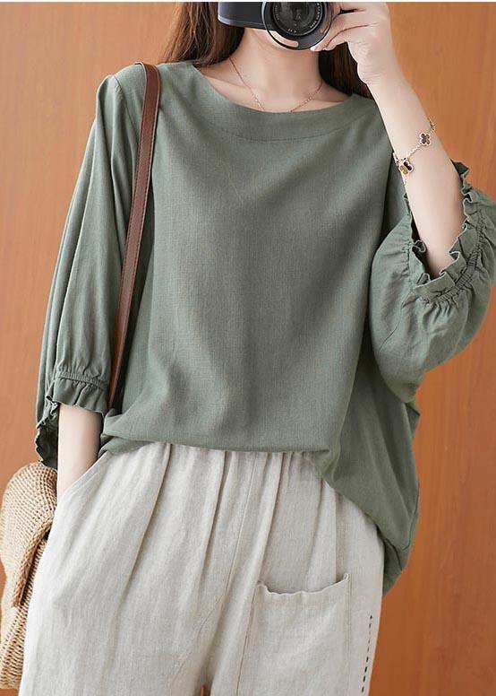 Style Green Lantern Sleeve Cotton Blouse Top Summer