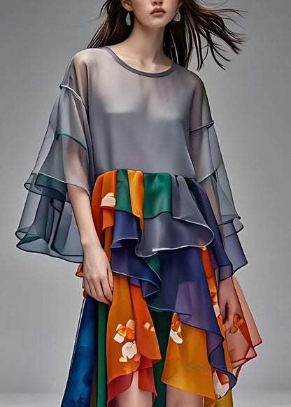 Style Grey O-neck Patchwork Chiffon Maxi Dress Half Sleeve