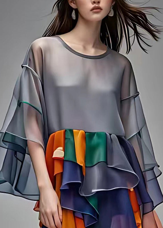 Style Grey O-neck Patchwork Chiffon Maxi Dress Half Sleeve