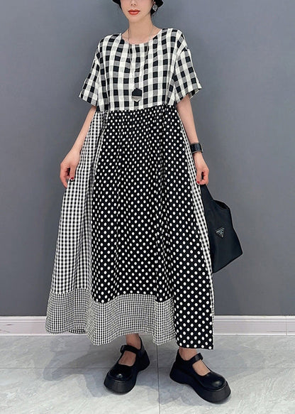 Style Grey Plaid Patchwork Dot Cotton a Line Dress Summer