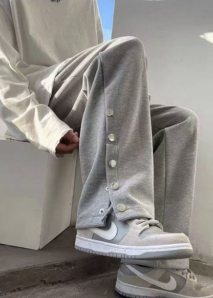 Style Grey Pockets Side Open Elastic Waist Cotton Pants Fall