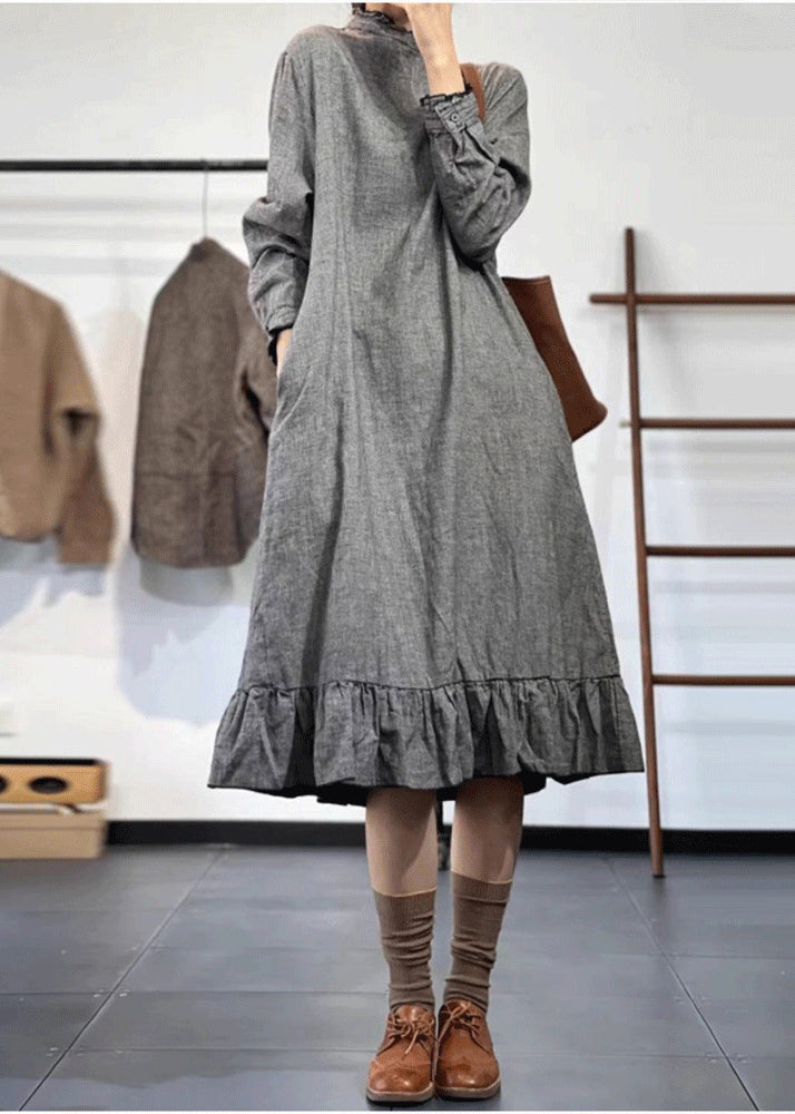 Style Grey Ruffled Patchwork Cotton Maxi Dresses Spring
