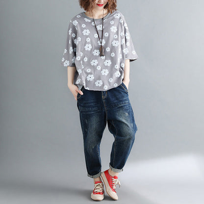 Style Half Sleeve Cotton Clothes Tutorials Gray Print Knee Shirts