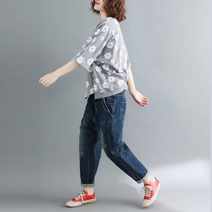 Style Half Sleeve Cotton Clothes Tutorials Gray Print Knee Shirts